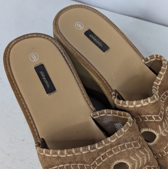 Vintage Xhilaration Y2K Chunky Leather Floral Faux Wood Slide Mules Sandals - Picture 7 of 9